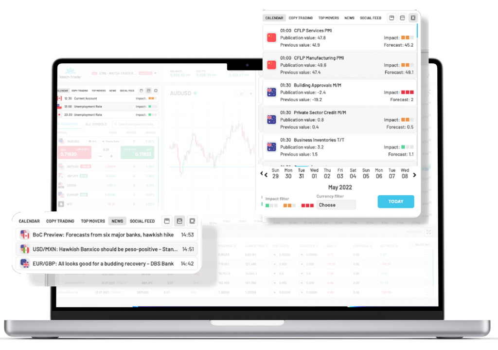 Economic calendar and news feed on laptop